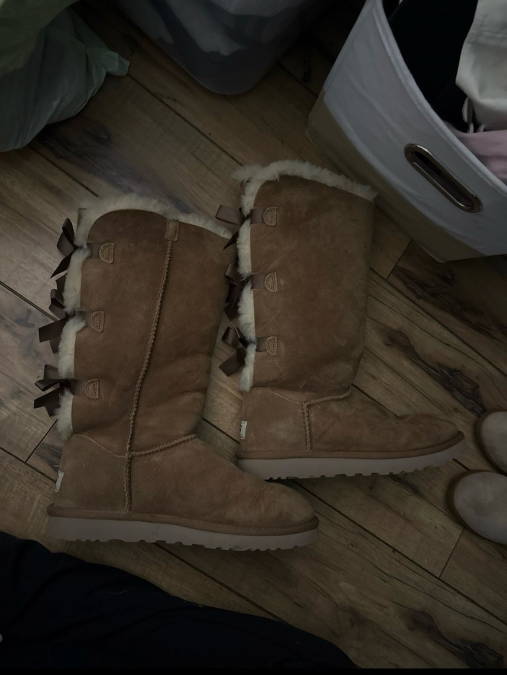 UGG Tall Shearling-Trim Suede Boots in Chestnut with Back Bows